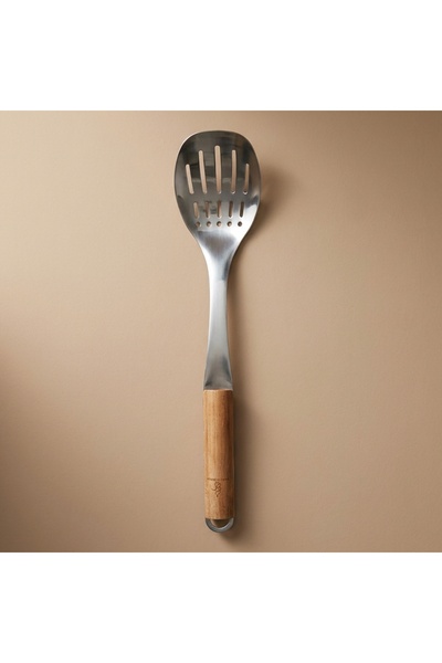 Alsaif Gallery Al Saif Gallery steel serving spoon, perforated with wooden ha...