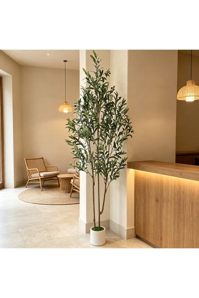 BESTONE 182cm Lifelike Double Trunk Faux Olive Tree, Adjustable Branches & Dense Foliage, White Planter with Artificial Moss Cover, No‑Watering Decor Tree for Modern Household