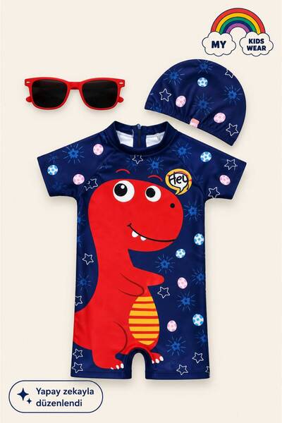 My Kids Wear Children's Patterned Swimsuit Set - Set of 2 with Swimming Cap a...