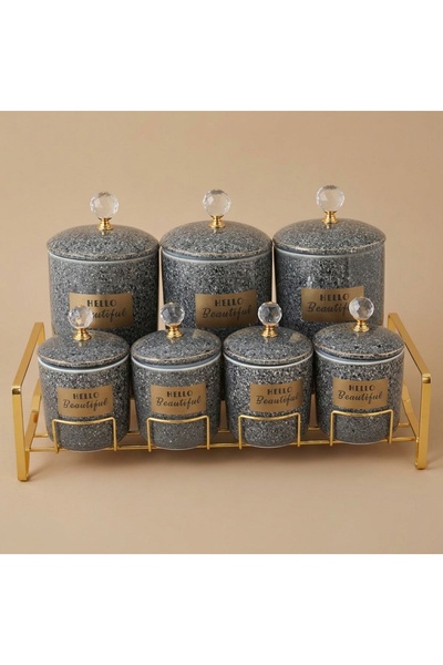 Alsaif Gallery Al Saif Gallery Porcelain Spice Box Set, Stand, 7 Pieces - Dar...