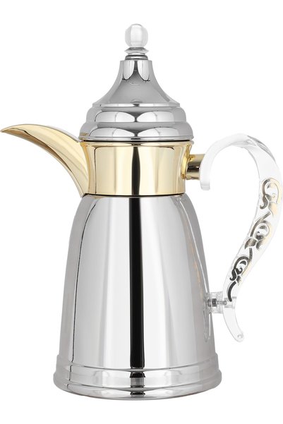 Alsaif Gallery Al Saif Gallery Qamar Thermos Dallah, 0.35 L, Transparent Handle, Stainless Steel Inner Case, Stainless Steel Outer Body - Silver Gold