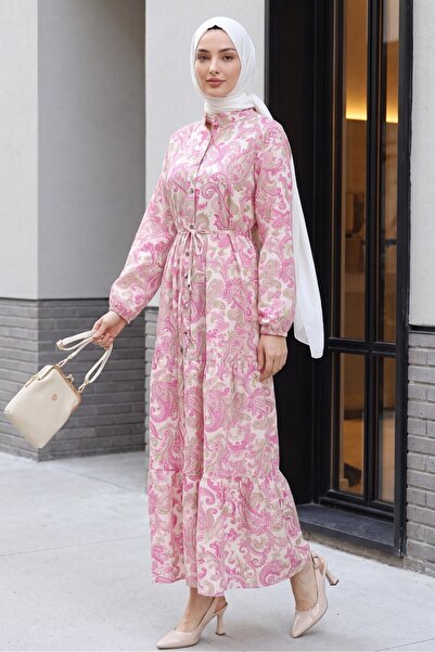Modamorfo Hakim Collar Half Buttoned Mixed Patterned Polycotton Dress with El...