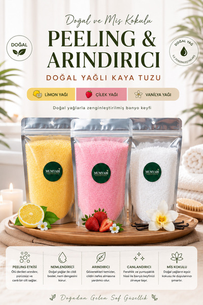 MUMYABİ 3'lü Doğal Içerikli Limon-Çilek-Vanilya Yağlı Banyo Kaya Tuzu Manikür...