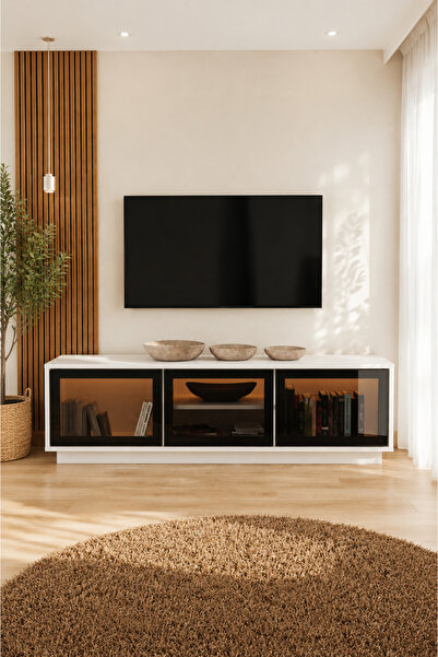 Evdemo Frame 3 Kapaklı Raflı Ledli Tv Ünitesi Beyaz