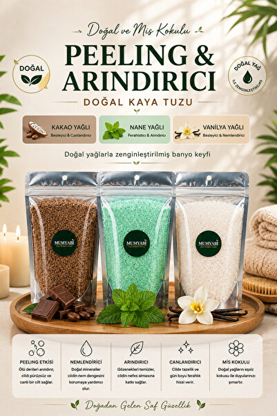 3'lü Doğal Içerikli Kakao-Nane-Vanilya Yağlı Banyo Kaya Tuzu Manikür/pedikür Peeling3x300 gr