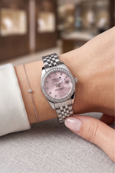 Poloair Mercedes Luxury Stone Women's Wristwatch with Calendar Silver Lilac Color Pl-1613B6X