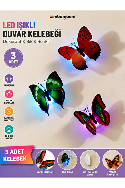 bimbambom Yaratıcı Mini renkli LED 3 adet, kelebek gece lambası 3D Stereo sim...
