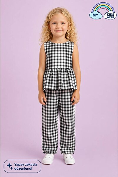 My Kids Wear Girl's Gingham Peplum Blouse and Pants Set 12693