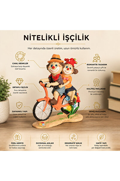 e-life shop Lüks Bisikletli Palyaço Çift Biblo Dekoratif Ev Ofis Hediyesi Ren...