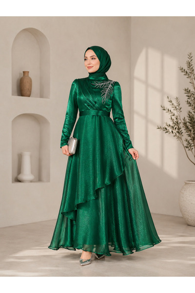 BestShopping Organze Taş Detay Abiye Zümrüt