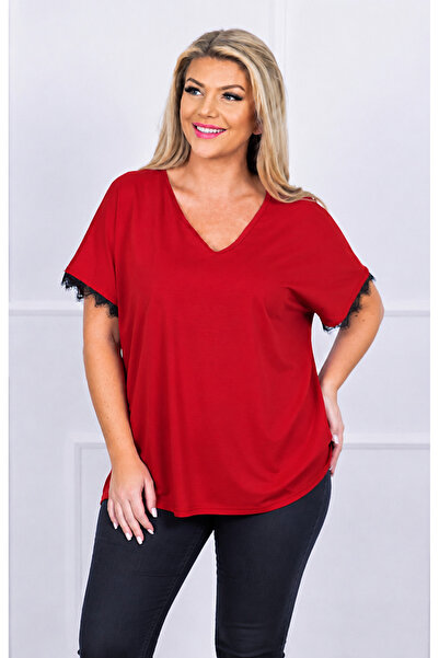 Barato Plus Size V-Neck Cotton Blouse with Lace Detail on Sleeves
