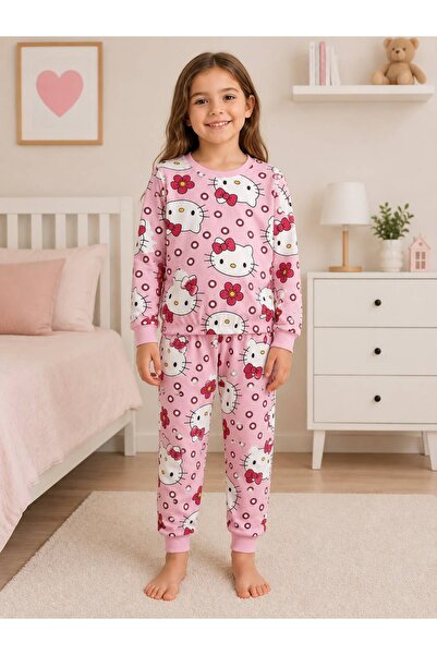 tusem butik homewear Girls' Cotton Brushed Inside Pink Buckled Cat Patterned ...