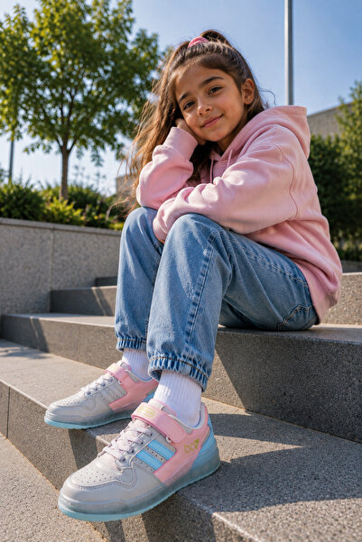 Best Of Bestof Jordan Sneaker Gri Pembe Mevsimlik Kız Çocuk Spor Ayakkabı