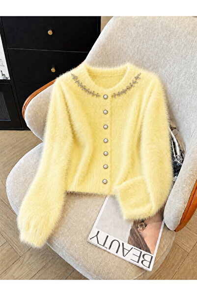 Elysira Women's Collar with Stone Detail, Plush Look Knitwear Basic Cardigan