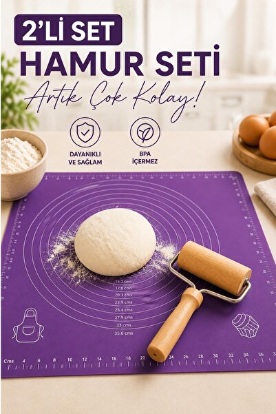 Kitchen Beauty Silikon Hamur Açma Matı Ölçekli Hamur Açma Altlığı Ve Ahşap Sa...
