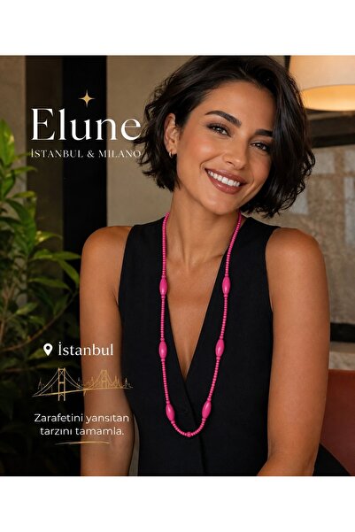 ELUNE İSTANBUL Milano Kadın Fuşya Pembe Boncuklu Uzun Kolye – Oval Boncuk Det...