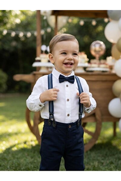 Eflin Çocuk Giyim Erkek Bebek Salopet Askılı Papyonlu Keten Pantolonlu Takım
