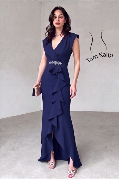 ALFUDO Moda Collection Kadın Scuba Krep Kumaş Kruvaze Yaka Eteği Volanlı Keme...