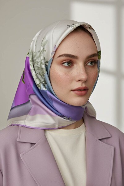 Vissona %100 Twill İpek Kareli Ve Çıtır Çiçek Desenli Lila - Bej Renkli 90x90...
