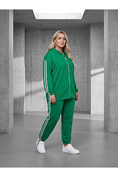 Koza Butik Women's Plus Size Hooded Print Detailed Tracksuit Set 8136-25