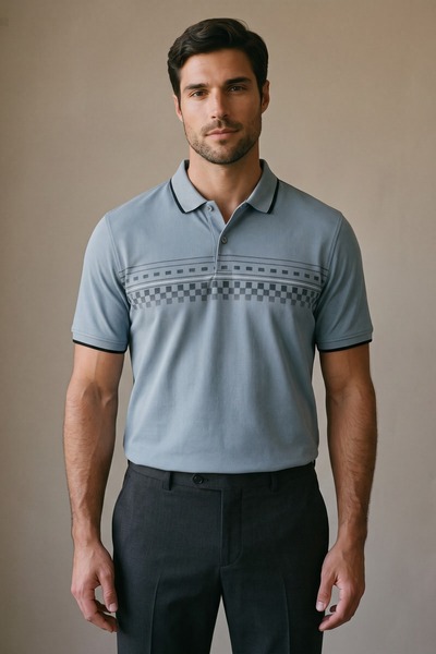 Maccali Men's Short Sleeve Patterned Blue Polo Neck T-Shirt