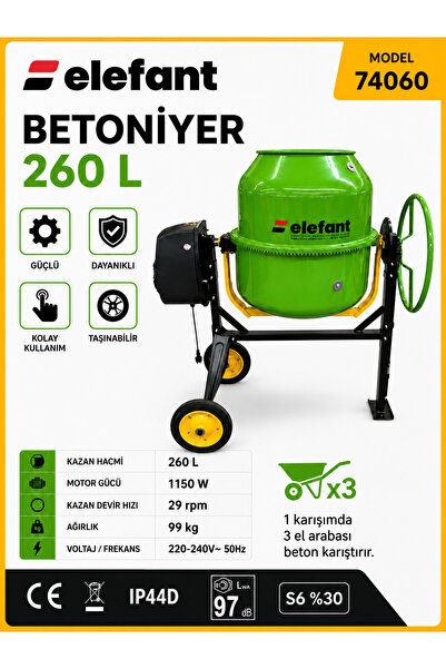 elefant 260 L Betoniyer Harç Karma Makinası Karıştırıcı