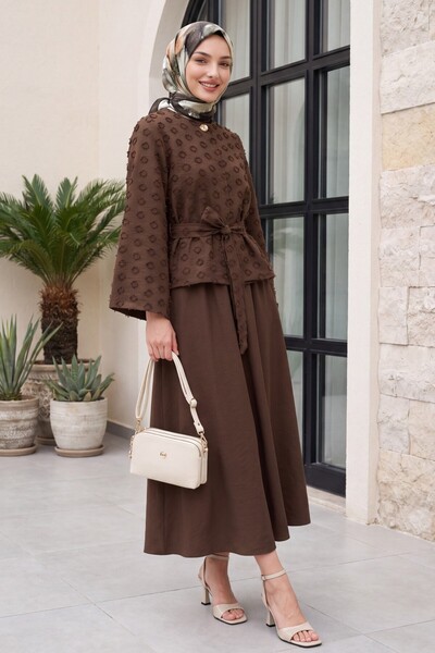 Modamorfo Single Button Belted Skirt with Pockets Embossed Patterned Jacquard...