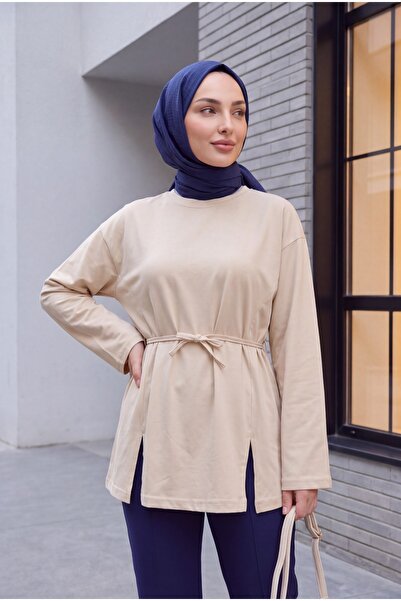 Modamorfo Tie-Waist Slit Combed Cotton Tunic -Beige
