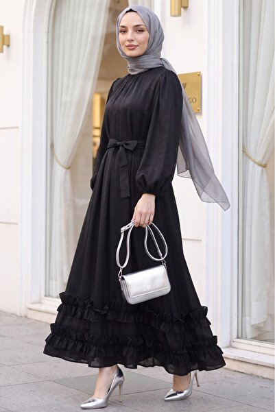 Modamorfo Long Dress with Ruffled Collar and Skirt, Elastic Sleeves, Crinkle ...