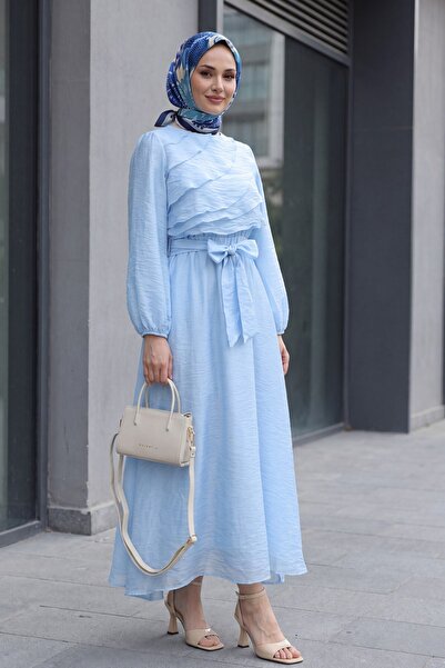 Modamorfo Elastic Waist Belted, Folded Front, Balloon Sleeve Lined Chiffon Dr...