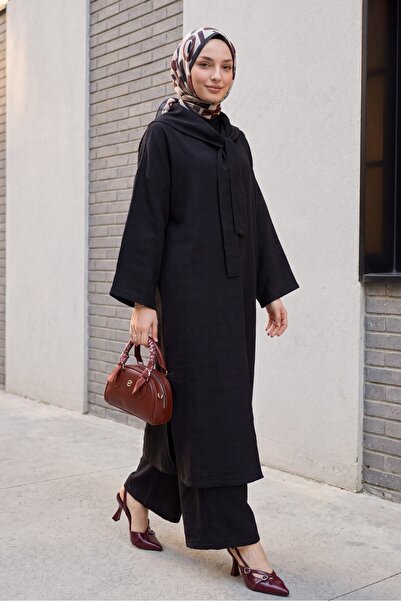 Modamorfo Deep Slit Linen Suit with Scarf Detail and Pockets - Black