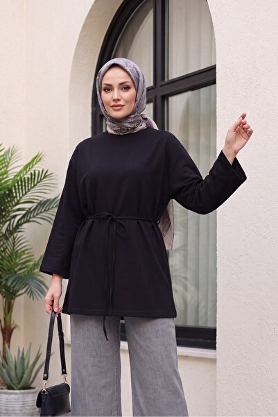 Modamorfo Round Neck Tie-Waist Combed Cotton Tunic - Black