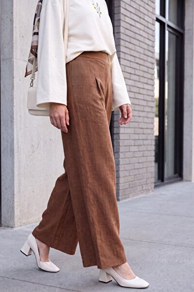 Modamorfo Elastic Waist Wide Leg Pleated Linen Look Trousers - Brown
