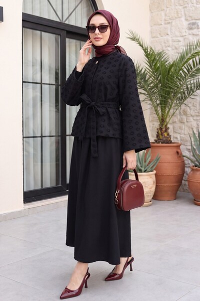 Modamorfo Single Button Belted Skirt with Pockets Embossed Patterned Jacquard...