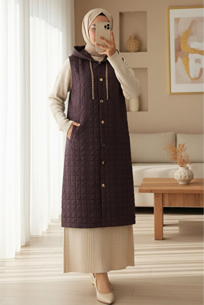 Modamorfo Hooded Chain Detailed Quilted Vest with Pockets - Plum