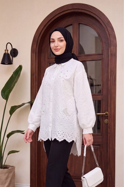 Modamorfo Organza Tulle Detail Inch Buttoned Long Back Tunic with Eyelet Embr...