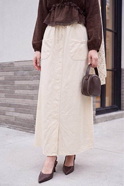 Modamorfo Beli Lace-Up Elastic Linen Look Slit Skirt -Beige