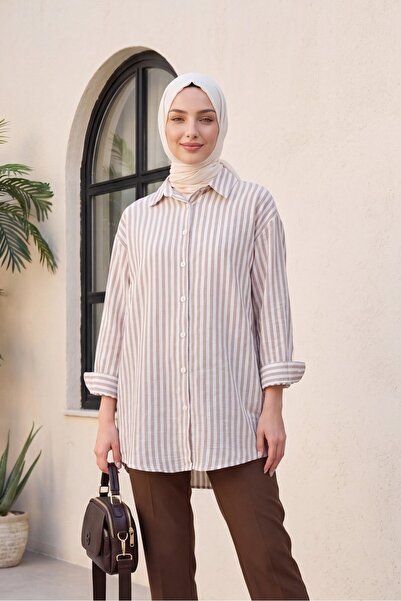 Modamorfo Striped Linen Shirt with Buttons - Light Brown