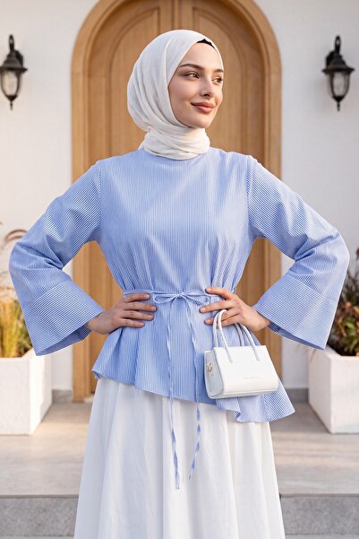 Modamorfo Asymmetrical Cut Waist Tie Striped Policoton Blouse -Blue