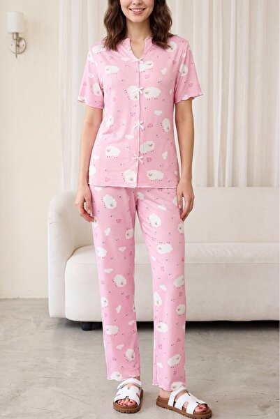 Modamorfo Mixed Figure Patterned V-Neck Short Sleeve Combed Cotton Pajama Set...