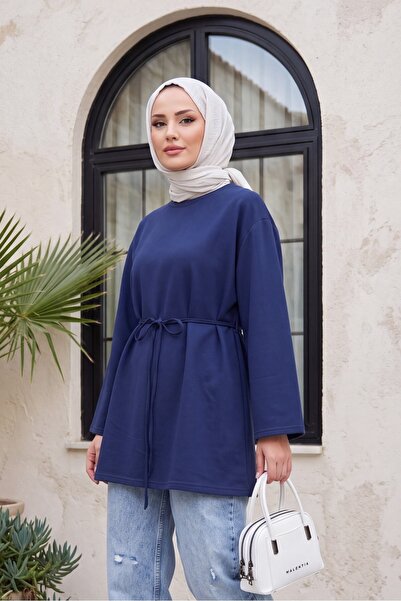 Modamorfo Round Neck Tie-Waist Combed Cotton Tunic - Navy Blue