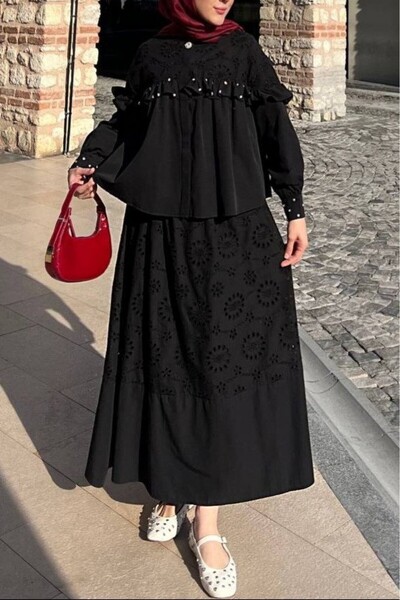 Modamorfo Single Button Ruffled Front Skirt Suit - Black