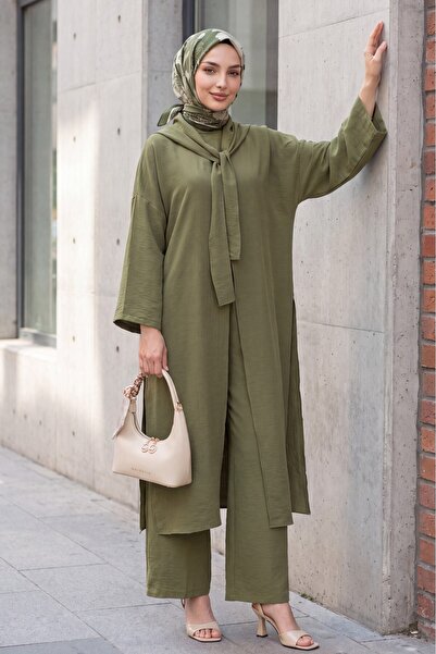 Modamorfo Deep Slit Linen Suit with Scarf Detail and Pockets -Khaki