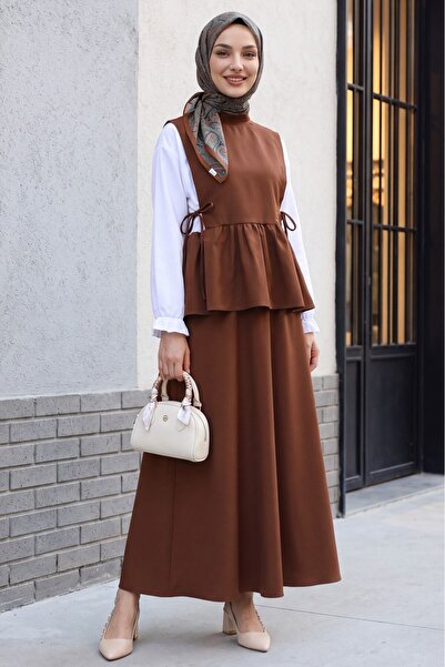 Modamorfo Shirt Detailed Side-Tie Dabıl Set with Ruffled Skirt -Brown