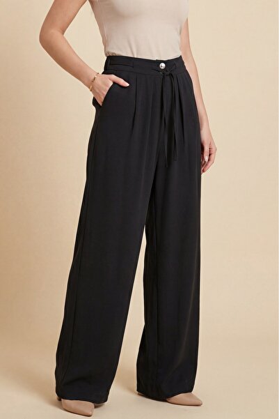 Modamorfo Beli Lace-Up Double Button High Waist Tencel Trousers - Black