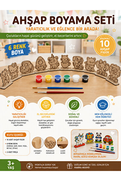 MİNİBLOX Çocuklar İçin 10 Adet Eğitici Ahşap Boyama Seti – Yaratıcı Oyuncak(B...