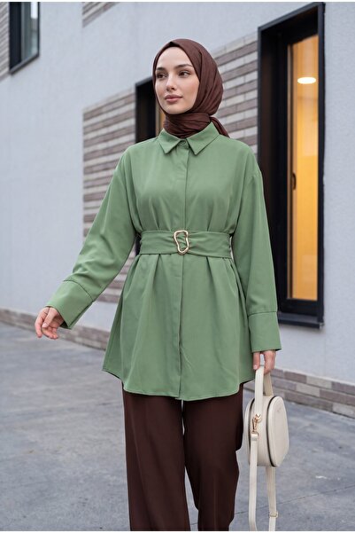 Modamorfo Poplin Tunic with Buckle Belt, Double Cuff Sleeves and Hidden Butto...