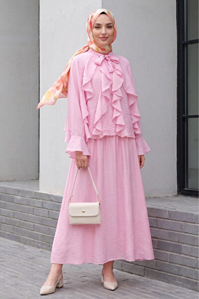 Modamorfo Lined Tulle Modal Set with Tie Collar and Ruffle Detail - Pink