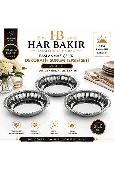 Genel Markalar Gümüş Renkli Paslanmaz Çelik Dekoratif Sunum Tepsisi Seti