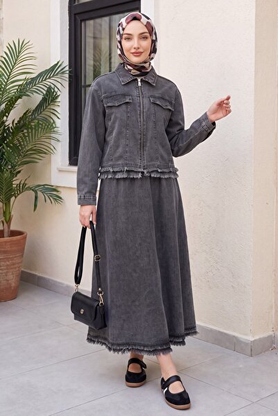 Modamorfo Tassel Detailed Denim Suit with Front Zipper Pocket Detail and Skir...